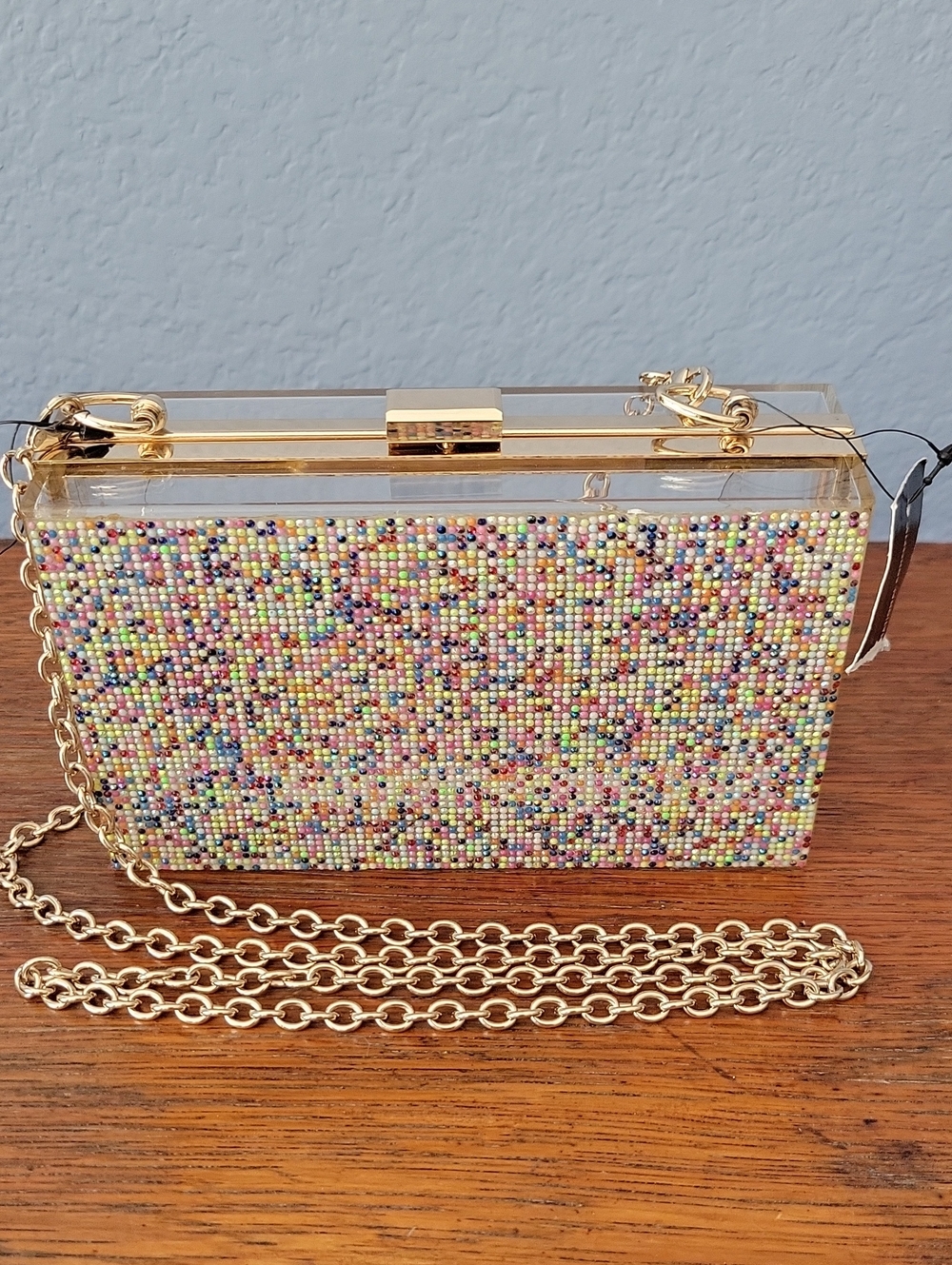 NWT -- INC "Arielle" Clear Crossbody Bag with Multicolor Beaded Front Gold Chain